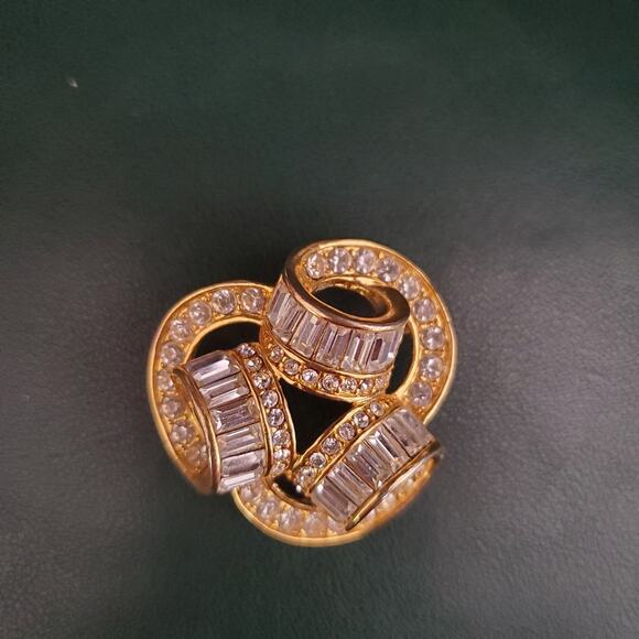 Triple Coil Brooch Gold Tone with Baguette and Round Rhinestones Bling Statement - Picture 4 of 10